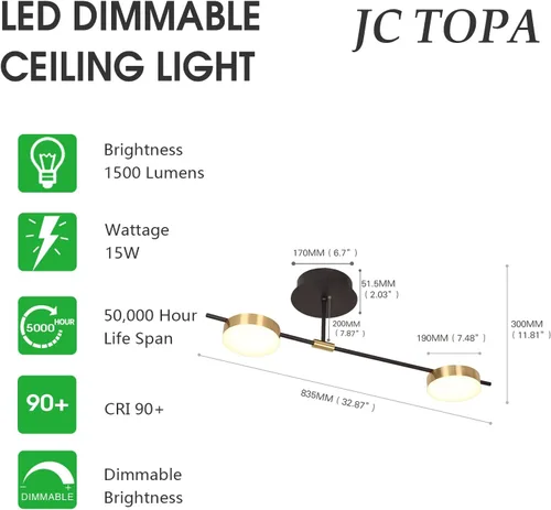 Vista 3 de Lámpara de techo moderna, 15 W, 2 luces, regulables, LED, luces de techo semiempotradas para comedor, cocina, sala de estar, dormitorio, oficina