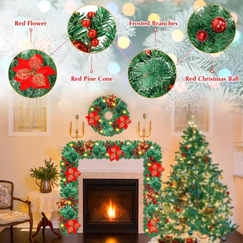 Vista 2 de Guirnalda de Navidad preiluminada de 9 pies con luces LED, funciona con pilas, decoración navideña, escaleras, pared, chimenea, puerta