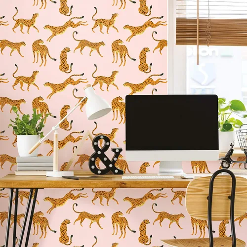 Vista 8 de RoomMates RMK11984RL - Papel tapiz de guepardo rosa y naranja, rollo