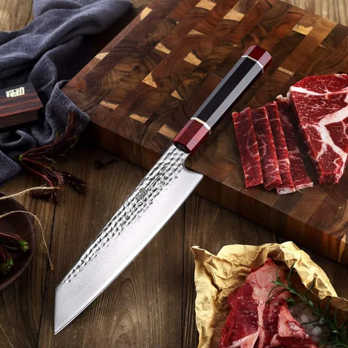 Vista 3 de Cuchillo Kiritsuke Serie Prestige con Funda de Nogal, Hoja de Acero Damasco VG10 Japonés, Mango Octagonal de Madera de Ébano, Cuchillo Profesional