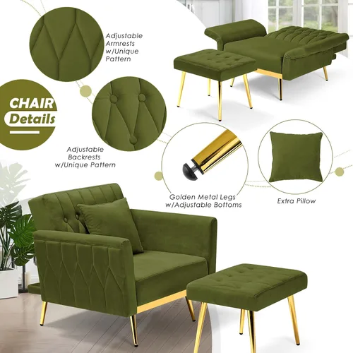 Vista 6 de Silla decorativa de terciopelo con respaldo y reposabrazos Verde oliva