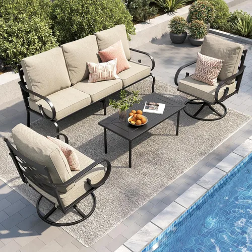 Vista 13 de PHI VILLA Patio Furniture Set with 4 Rocking Chairs & Fire Pit, Beige