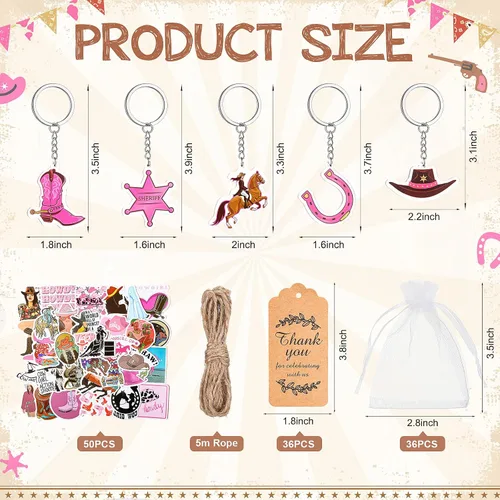 Vista 4 de Sasylvia 159 piezas de recuerdos de fiesta de vaquera incluyen llaveros occidentales, bolsas de calcomanías de vaquera rosa y etiquetas