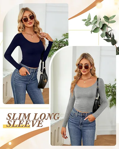 Vista 5 de Ficerd 3 piezas de camisetas cortas básicas de manga larga para mujer, ajustadas, cuello redondo, color liso, casual, para mujer
