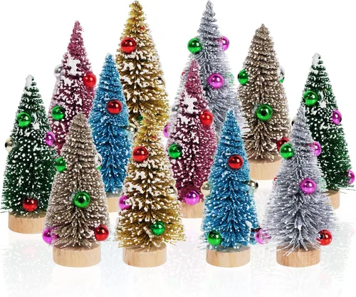 Vista 7 de Yookat 12 piezas de mini árboles de Navidad, mini árboles de sisal pequeños, mini pinos con base de madera, mini árboles de cepillo de botella