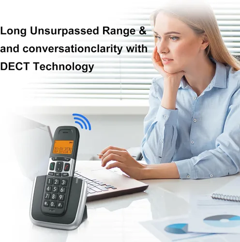 Vista 5 de Teléfono inalámbrico Ornin D1004 para el hogar, tecnología ECO, pantalla LCD ámbar de 1.6 pulgadas, identificador de llamadas, botones grandes
