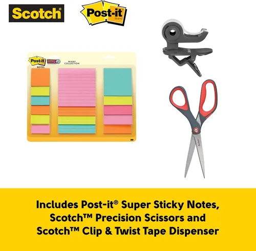 Vista 3 de Kit Work From Home Essentials, incluye dispensador de cinta de clip y torsión, tijeras de precisión y Post-it