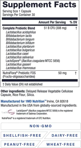 Vista 6 de 1MD Nutrition Probióticos completos Platino, con prebióticos y probióticos para la salud digestiva, suplemento probiótico para mujeres y hombres