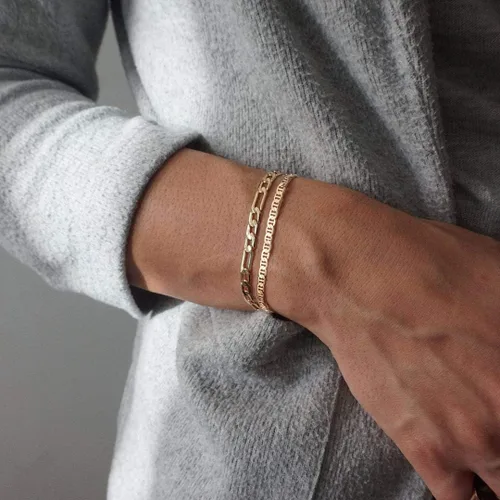 Vista 2 de Delicada pulsera de cadena de oro en capas para mujer, chapada en oro de 14 quilates, hecha a mano, ajustable, cuentas de satélite, ovaladas