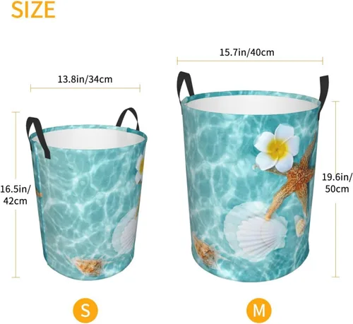 Vista 5 de Cesta de lavandería con diseño de estrellas de mar y flores, impermeable, plegable, con asa duradera, cesta de almacenamiento de ropa sucia redonda