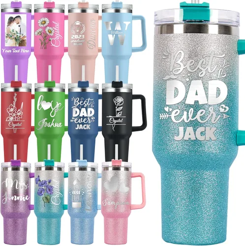 Vista 9 de Vaso personalizado con asa personalizado de 40 onzas grabado con nombre de flor de nacimiento con tapa y pajita, taza de café de viaje de acero