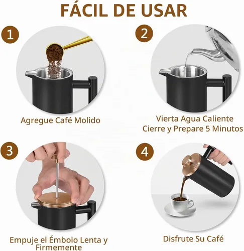 Vista 6 de Cafetera de Prensa Francesa de Acero Inoxidable Negro, Prensa Francesa Aislada de Doble Pared, para Café y Té, con 3 Pantallas Extra y una Cuchara