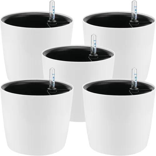 Vista 8 de Paquete de 4 Macetas de Autoriego de 7 Pulgadas para Plantas de Interior, Macetas Redondas Decorativas Blancas de Plástico de Autoriego