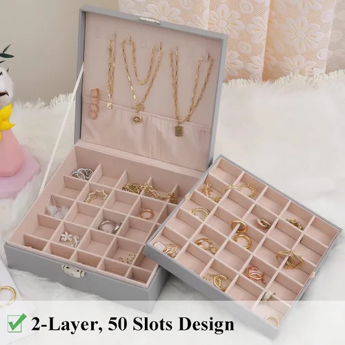 Vista 2 de misaya Joyero para pendientes para mujer, organizador de joyas con 50 ranuras, caja de soporte para aretes, anillos, collares, regalo para mujeres