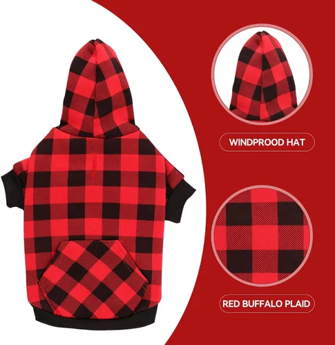 Vista 4 de Suéter para perro, ropa para mascotas a cuadros de búfalo rojo, cálido y suave, transpirable, acogedor con capucha para mascotas pequeñas, suéteres