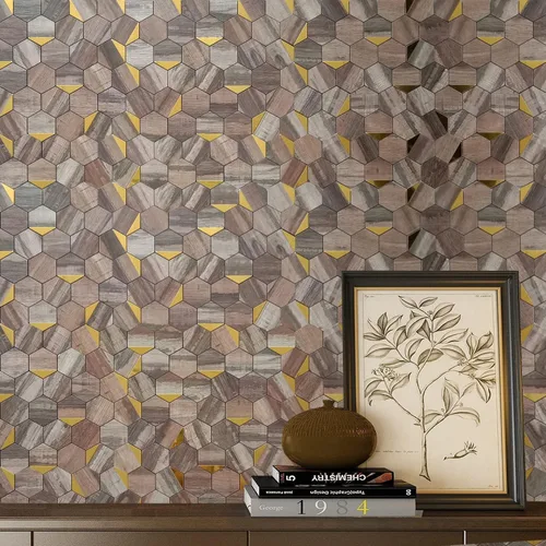 Vista 4 de Azulejos de pared de PVC para cocina, baño, adhesivo de aluminio hexagonal autoadhesivo, 12 x 10.4 x 0.15 pulgadas (10, madera marrón y dorado)