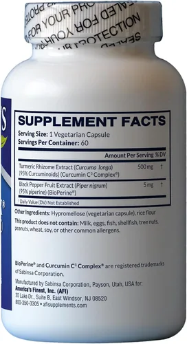 Vista 2 de AFI Curcumina C3 Complejo con BioPerine, 60 cápsulas vegetales Apoyo a la salud articular, antioxidante, cúrcuma 95% curcuminoides, pimienta negra