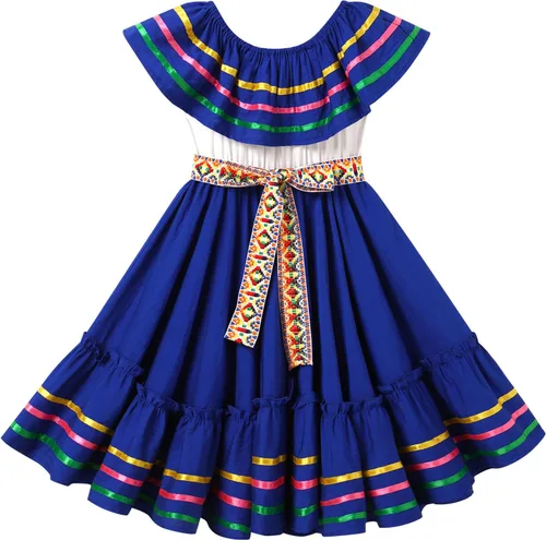 Vista 12 de IBTOM CASTLE Vestido mexicano para niñas, vestido folklórico tradicional con cinturón Rojo