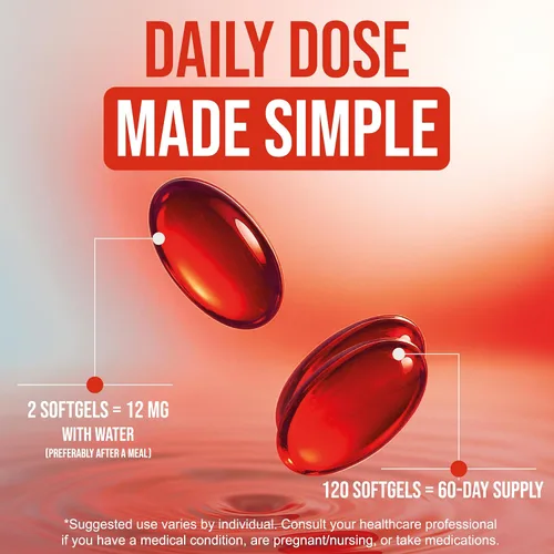Vista 3 de Astaxantina 12 mg - Suplemento antioxidante de microalgas, 120 cápsulas blandas para apoyo a los ojos, la piel y el bienestar