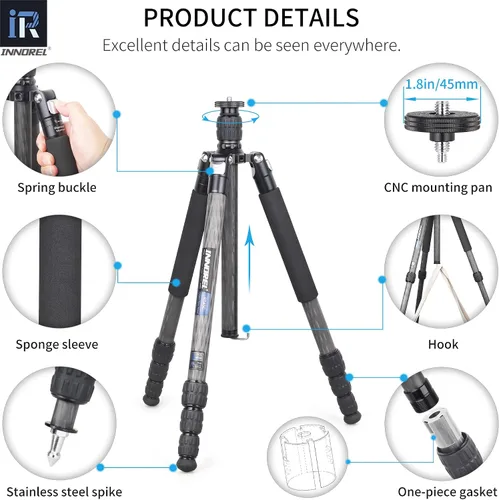 Vista 4 de Trípode INNOREL RT45C portátil de fibra de carbono de 10 capas sin cabeza esférica, trípode compacto y ligero para cámara DSLR, videocámara de video