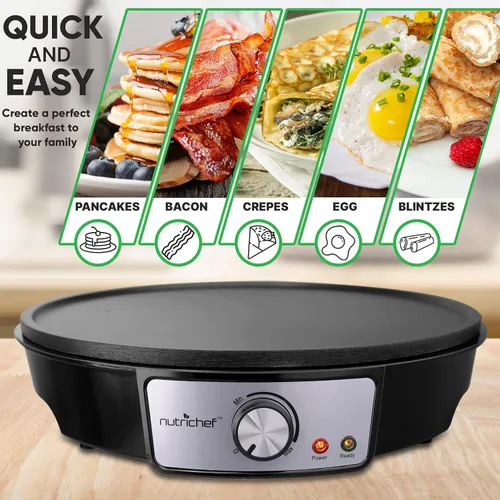 Vista 2 de NutriChef Plancha eléctrica y crepé Placa de cocina antiadherente de 12 pulgadas Control de temperatura ajustable Esparcidor de masa