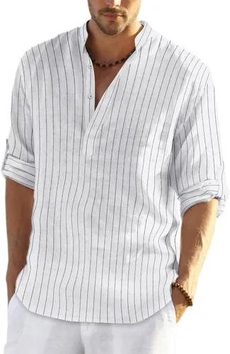 Vista 12 de COOFANDY Camiseta Henley de algodón y lino para hombre, de manga larga, estilo hippie, casual, playera