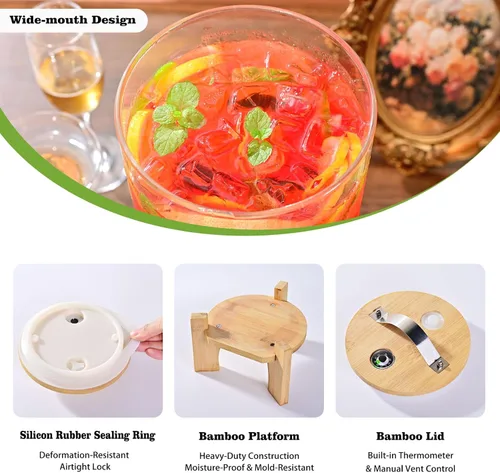 Vista 7 de Dispensador de bebidas de vidrio grande de 1.2 galones para fiestas, dispensador de bebidas con soporte de madera de bambú y grifo de acero