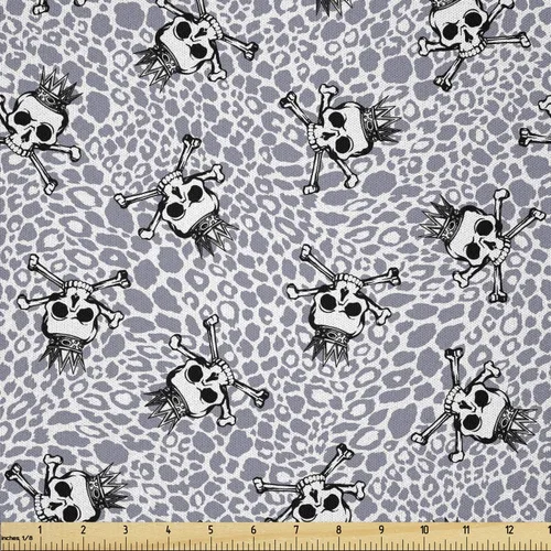 Vista 87 de Ambesonne The Yard, tela de calavera colorida con temática de Halloween, diseño de calavera y huesos cruzados, divertido estampado de dibujos