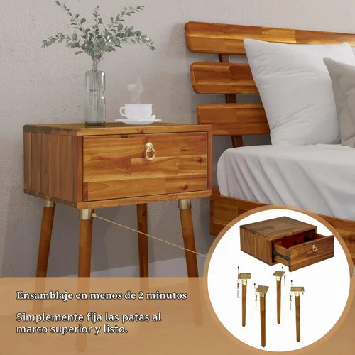 Vista 4 de Bme Caden Mesita de noche/Mesa auxiliar/Mesa de centro de madera maciza, completamente ensamblada, con 1 cajón para dormitorio y sala de estar