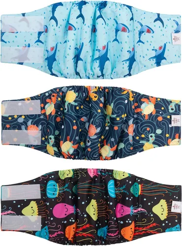 Vista 15 de CuteBone - Pañales lavables para perro macho, banda abdominal, paquete de 3 unidades, color negro, modelo DM54XS