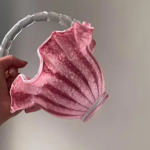 Vista 4 de YY Pink Basket Handmade Vase for Flowers Glass Bag Vase, Handbag Shape Flower vase, Blown Pink Flower Vase for Basket, Unique Flower Vase with