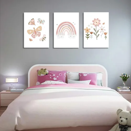 Vista 8 de Lienzo bohemio rosa para cuarto de bebé, arte de pared para habitación de niños, decoración de pared, diseño de flores de mariposa para niños