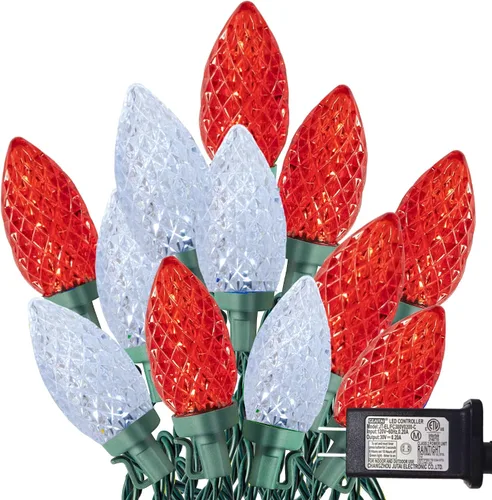 Vista 10 de TW SHINE Luces de Navidad C9, 100 luces LED de 66 pies para exteriores, con 8 modos de temporizador, impermeables, conectables para interiores