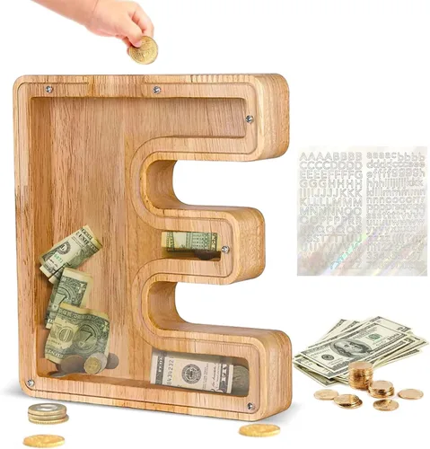 Vista 27 de Alcancía de Madera Personalizada con Letras del Alfabeto, Banco de Monedas con Letras del Alfabeto para Niños, Niñas y Bebés, Tamaño Grande, 26