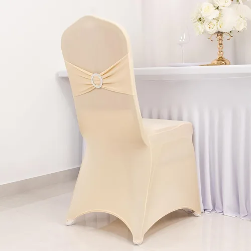 Vista 74 de Efavormart - Funda para silla de banquete de elastano beige con banda de hebilla de diamantes de imitación plateados, funda elástica para silla