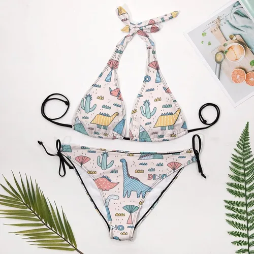 Vista 7 de Traje de baño de dos piezas de dinosaurios de dibujos animados para mujer, traje de baño sexy Halter, conjuntos de bikini triangular de cuerda