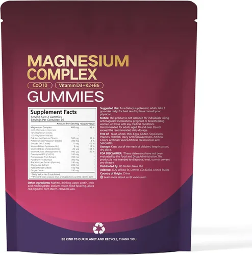Vista 9 de Complejo de magnesio 14 en 1 para mujeres y hombres, 2600 mg por porción, gomitas de sabor fresa con glicinato de magnesio, CoQ10, vitamina D3 K2