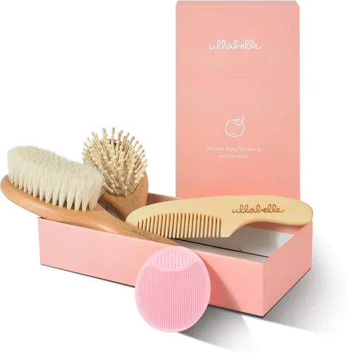 Vista 8 de Ullabelle Juego de 4 cepillos y peine de madera para el pelo del bebé para recién nacidos y niños pequeños en una elegante caja de regalo, pelo
