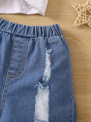 Vista 3 de Verdusa Conjunto de 2 piezas para niña pequeña, camiseta corta fruncida y pantalones cortos de mezclilla rasgados