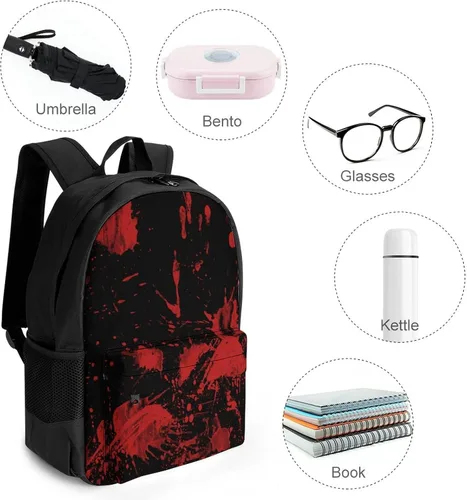 Vista 4 de Mochila ligera para senderismo, trabajo, correr, gran capacidad, multiusos, antirrobo, bolsa de libros clásica de terror con salpicaduras de sangre