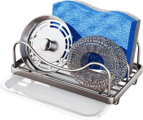Vista 9 de Consumest Soporte de esponja para fregadero de cocina - Organizador de fregadero móvil para encimera, Soporte de esponja de acero inoxidable 304