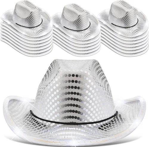 Vista 9 de Tisancy Paquete de 20 sombreros de vaquera con luces LED intermitentes para despedida de soltera occidental, boda, novia Negro