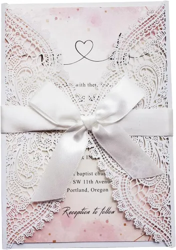 Vista 9 de 50 tarjetas de invitaciones de boda de encaje rosa con cintas y sobres para boda, despedida de soltera, compromiso, invitaciones de cumpleaños