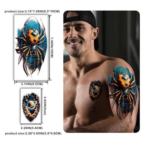 Vista 3 de 77 hojas de tatuajes temporales 3D para hombres y mujeres, diseño de león, tigre, dragón, araña, escorpión, serpiente, medusa, rosa, para cuello