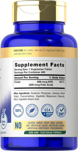 Vista 2 de Carlyle Ácido Fólico 400 mcg 400 Tabletas Suplemento vegetariano, sin OMG y sin gluten