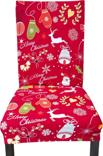 Vista 3 de 4 fundas protectoras de asiento para sillas de comedor con elastano y Navidad (4, estampado de decoración navideña)