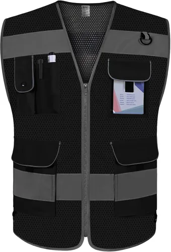 Vista 5 de TCCFCCT Chaleco de seguridad de malla para hombres y mujeres, chaleco de seguridad reflectante de alta visibilidad con 9 bolsillos, chaleco