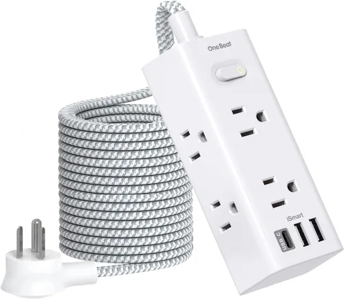 Vista 11 de One Beat Cable de extensión corto de 1 pie, regleta de alimentación de enchufe plano, 6 salidas amplias con 3 puertos USB (1 USB C), regleta