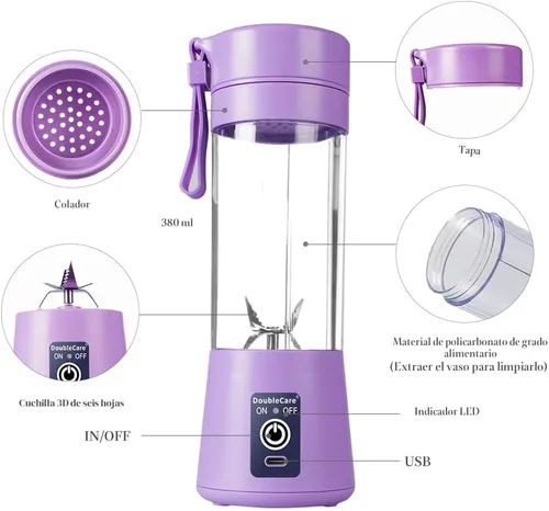 Vista 4 de Taza de licuadora portátil, licuadora de zumo USB eléctrica, licuadora portátil para batidos y batidos, zumo, 380 ml, seis cuchillas excelentes