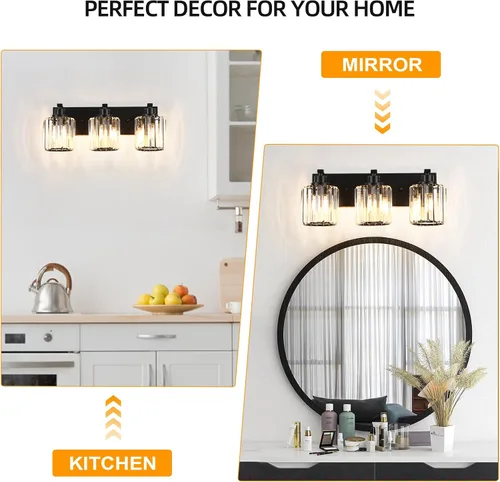 Vista 7 de 3 luces de cristal para tocador de baño, moderna lámpara de baño negra sobre espejo, luces de tocador para dormitorio, baño, pasillo, base E26